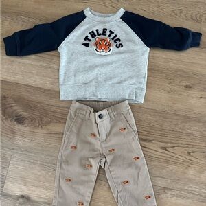 Janie and Jack Tan Sweater and Pants with Tiger Embroidery